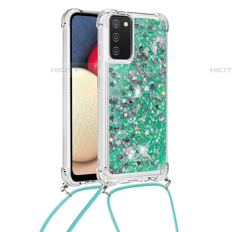 Custodia Silicone Cover Morbida Bling-Bling con Cinghia Cordino Mano S03 per Samsung Galaxy A03s Verde