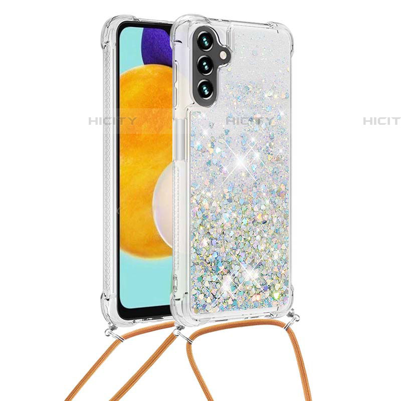 Custodia Silicone Cover Morbida Bling-Bling con Cinghia Cordino Mano S03 per Samsung Galaxy A04s Argento