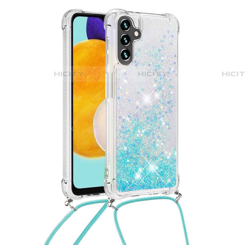 Custodia Silicone Cover Morbida Bling-Bling con Cinghia Cordino Mano S03 per Samsung Galaxy A04s Cielo Blu