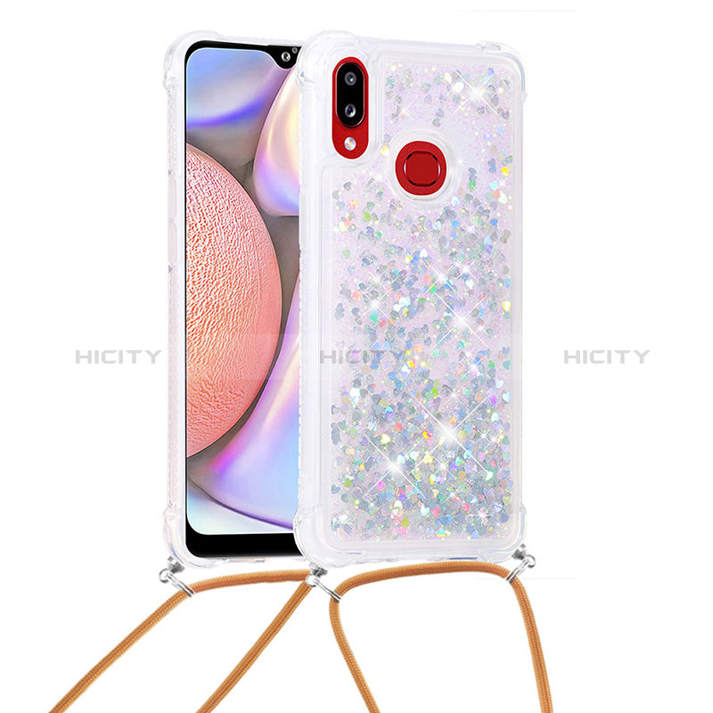 Custodia Silicone Cover Morbida Bling-Bling con Cinghia Cordino Mano S03 per Samsung Galaxy A10s Argento