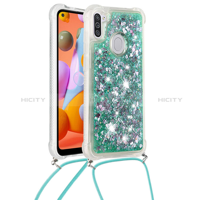 Custodia Silicone Cover Morbida Bling-Bling con Cinghia Cordino Mano S03 per Samsung Galaxy A11 Verde