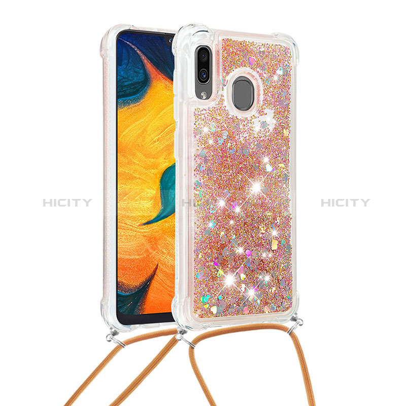 Custodia Silicone Cover Morbida Bling-Bling con Cinghia Cordino Mano S03 per Samsung Galaxy A20 Oro