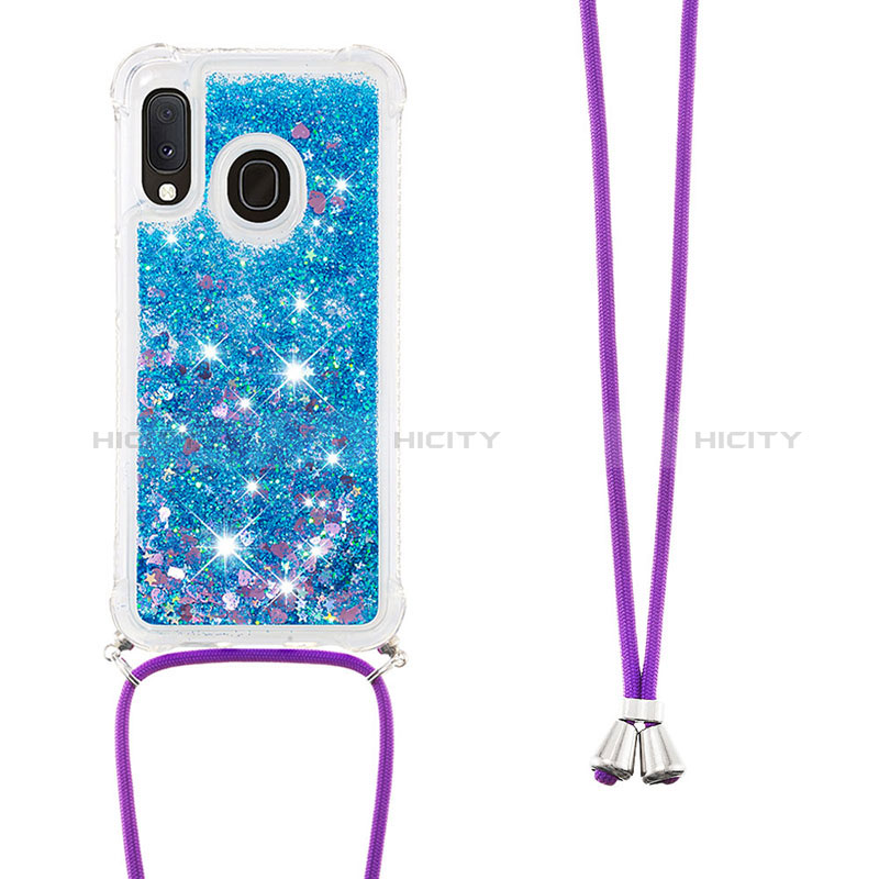 Custodia Silicone Cover Morbida Bling-Bling con Cinghia Cordino Mano S03 per Samsung Galaxy A20e Blu