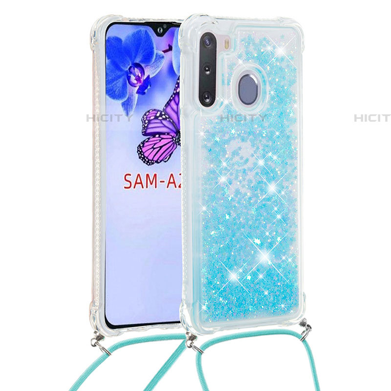 Custodia Silicone Cover Morbida Bling-Bling con Cinghia Cordino Mano S03 per Samsung Galaxy A21 European Cielo Blu