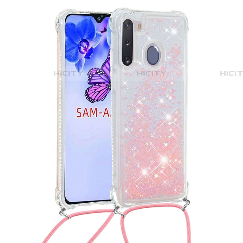 Custodia Silicone Cover Morbida Bling-Bling con Cinghia Cordino Mano S03 per Samsung Galaxy A21 European Rosa