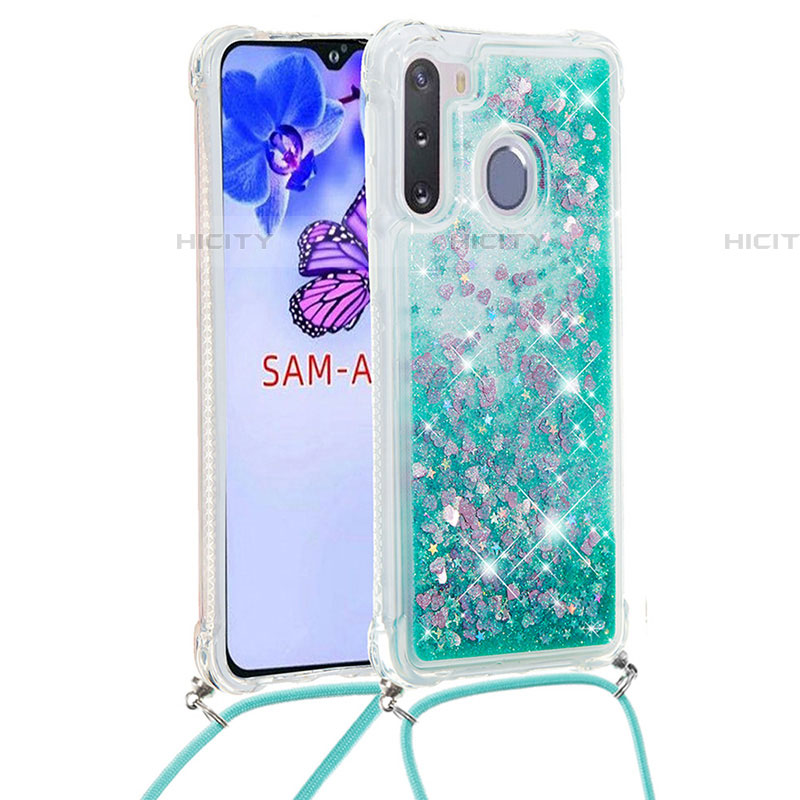 Custodia Silicone Cover Morbida Bling-Bling con Cinghia Cordino Mano S03 per Samsung Galaxy A21 European Verde