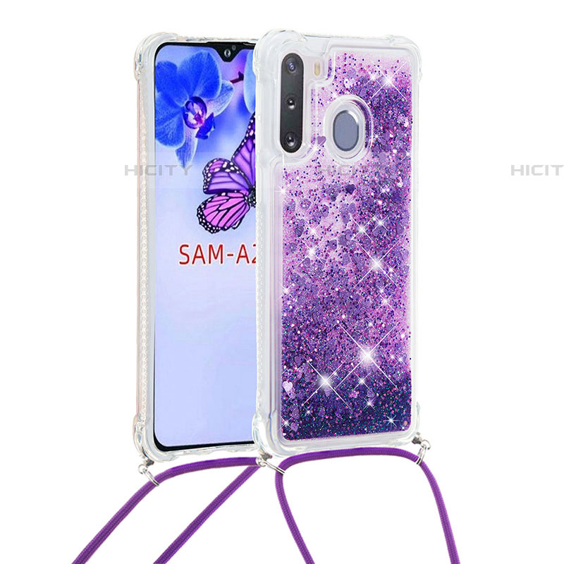 Custodia Silicone Cover Morbida Bling-Bling con Cinghia Cordino Mano S03 per Samsung Galaxy A21 European Viola