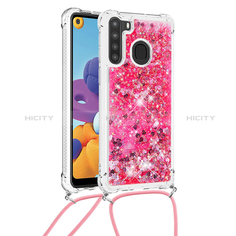 Custodia Silicone Cover Morbida Bling-Bling con Cinghia Cordino Mano S03 per Samsung Galaxy A21 Rosa Caldo