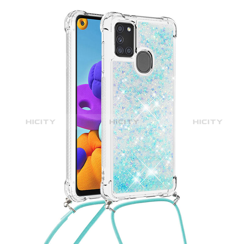 Custodia Silicone Cover Morbida Bling-Bling con Cinghia Cordino Mano S03 per Samsung Galaxy A21s Cielo Blu