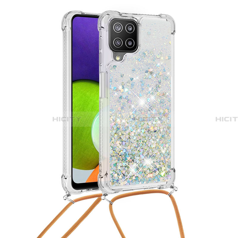 Custodia Silicone Cover Morbida Bling-Bling con Cinghia Cordino Mano S03 per Samsung Galaxy A22 4G Argento