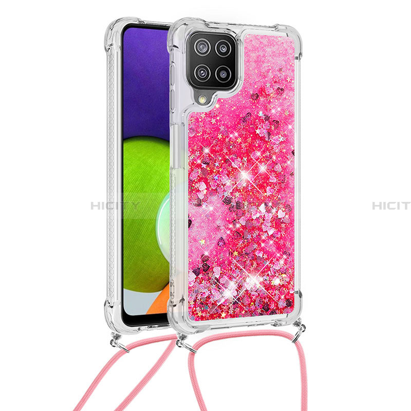 Custodia Silicone Cover Morbida Bling-Bling con Cinghia Cordino Mano S03 per Samsung Galaxy A22 4G Rosa Caldo