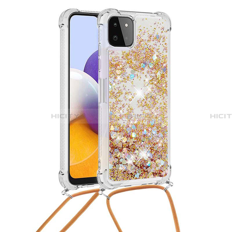 Custodia Silicone Cover Morbida Bling-Bling con Cinghia Cordino Mano S03 per Samsung Galaxy A22 5G Oro