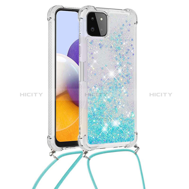 Custodia Silicone Cover Morbida Bling-Bling con Cinghia Cordino Mano S03 per Samsung Galaxy A22s 5G Cielo Blu