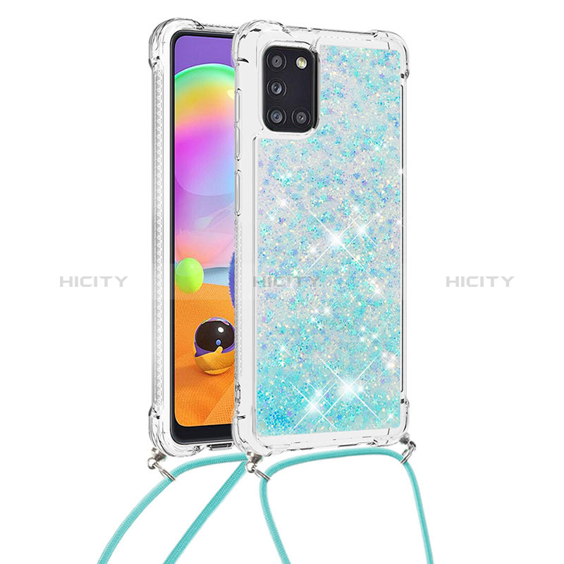 Custodia Silicone Cover Morbida Bling-Bling con Cinghia Cordino Mano S03 per Samsung Galaxy A31 Cielo Blu