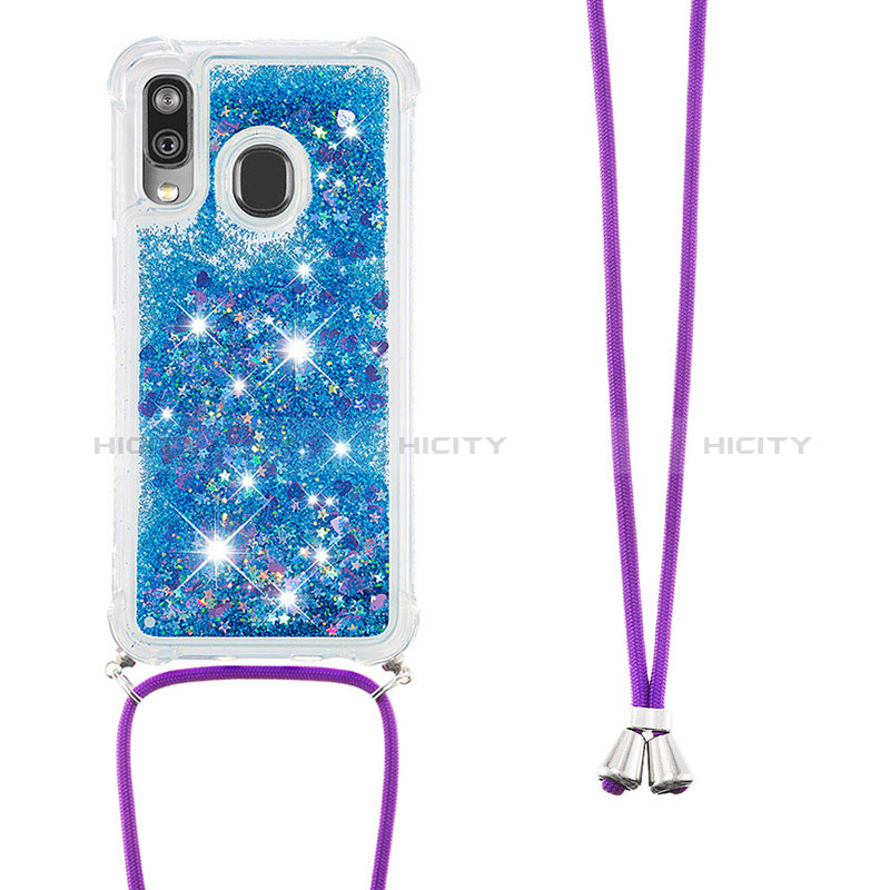 Custodia Silicone Cover Morbida Bling-Bling con Cinghia Cordino Mano S03 per Samsung Galaxy A40 Blu