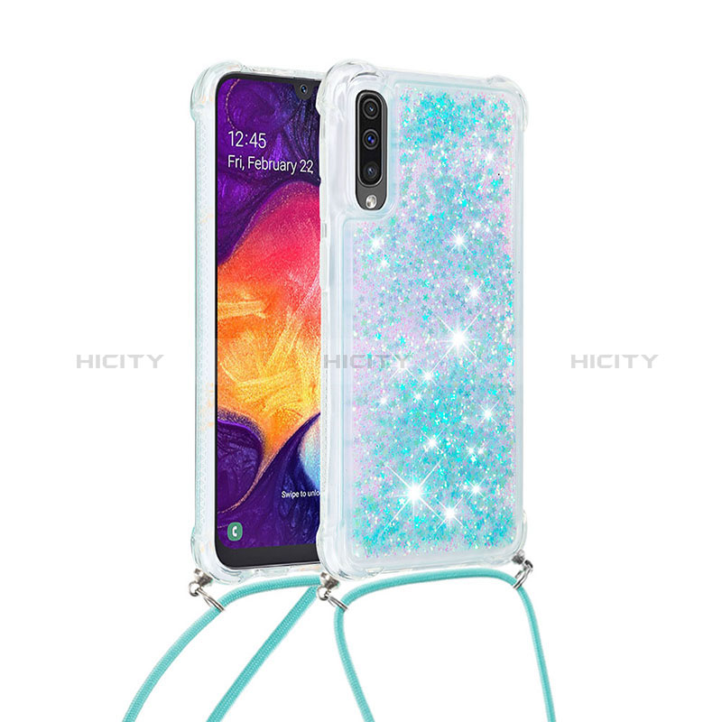 Custodia Silicone Cover Morbida Bling-Bling con Cinghia Cordino Mano S03 per Samsung Galaxy A50S Cielo Blu