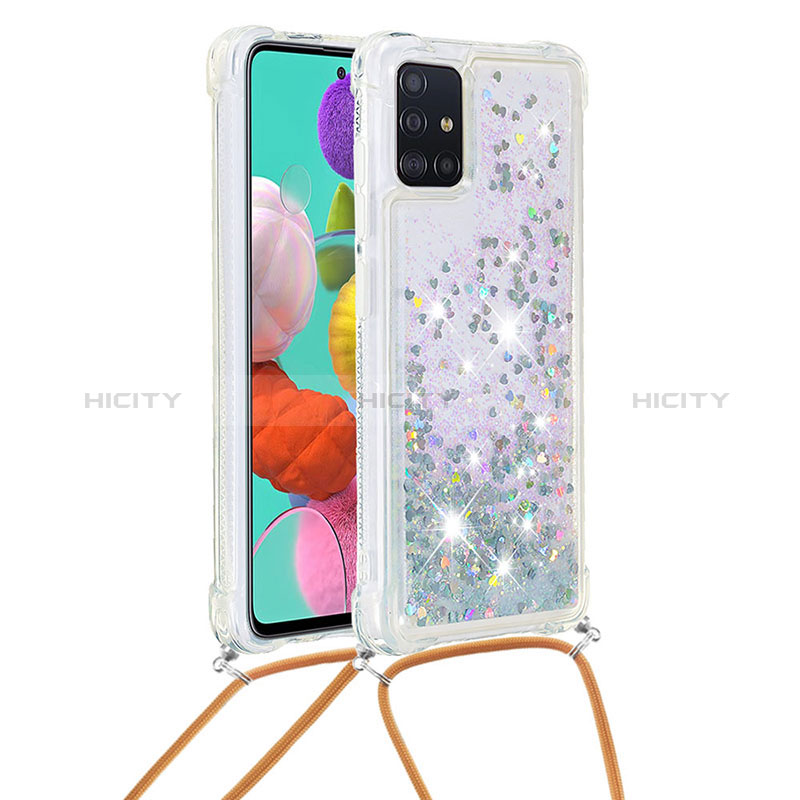 Custodia Silicone Cover Morbida Bling-Bling con Cinghia Cordino Mano S03 per Samsung Galaxy A51 5G Argento