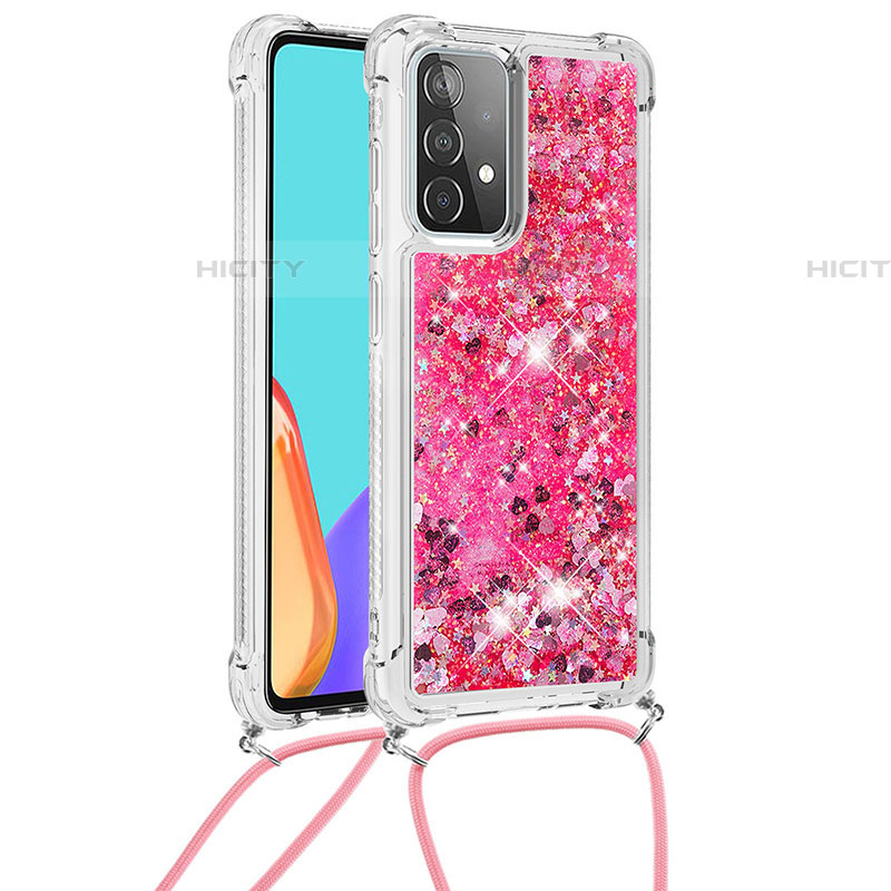 Custodia Silicone Cover Morbida Bling-Bling con Cinghia Cordino Mano S03 per Samsung Galaxy A52 5G Rosa Caldo