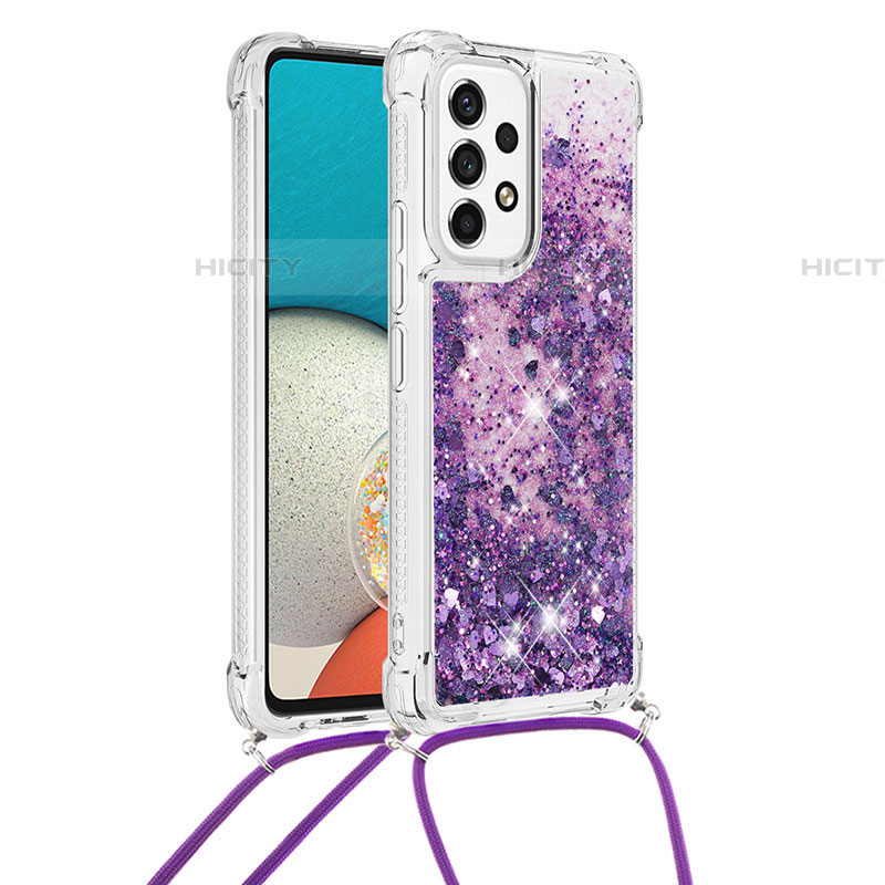 Custodia Silicone Cover Morbida Bling-Bling con Cinghia Cordino Mano S03 per Samsung Galaxy A53 5G Viola