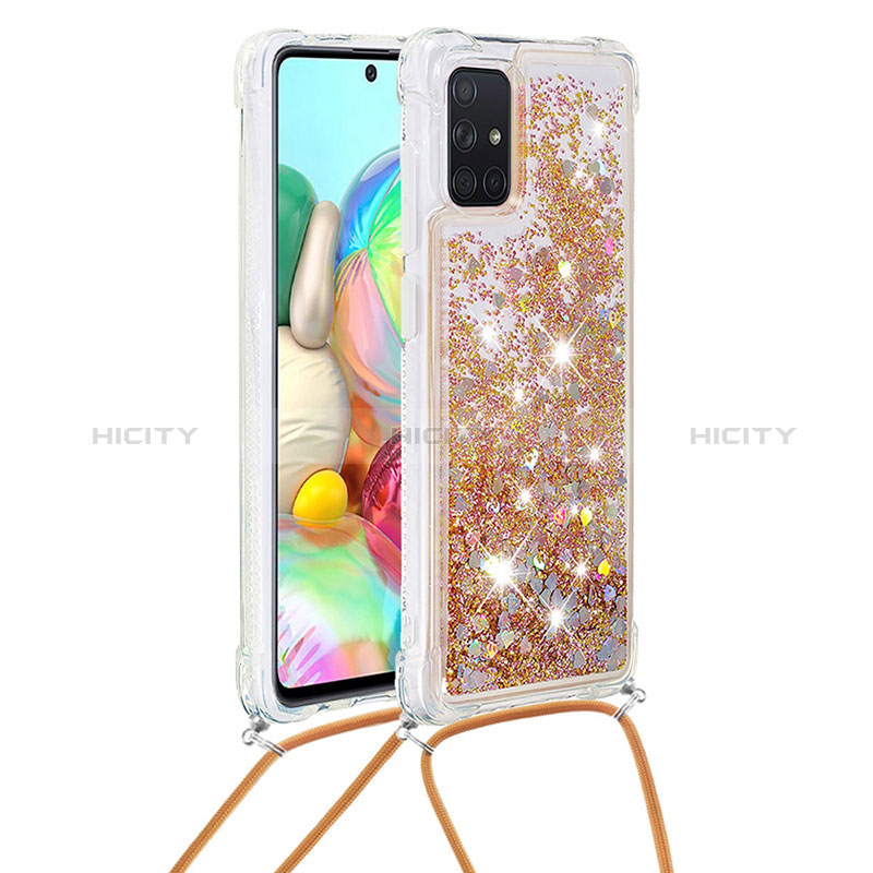 Custodia Silicone Cover Morbida Bling-Bling con Cinghia Cordino Mano S03 per Samsung Galaxy A71 4G A715 Oro