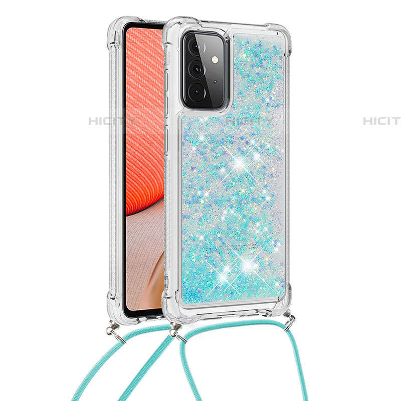 Custodia Silicone Cover Morbida Bling-Bling con Cinghia Cordino Mano S03 per Samsung Galaxy A72 4G Cielo Blu