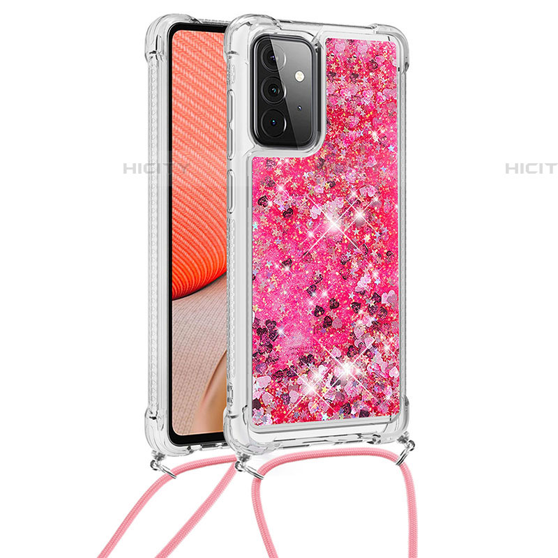 Custodia Silicone Cover Morbida Bling-Bling con Cinghia Cordino Mano S03 per Samsung Galaxy A72 4G Rosa Caldo