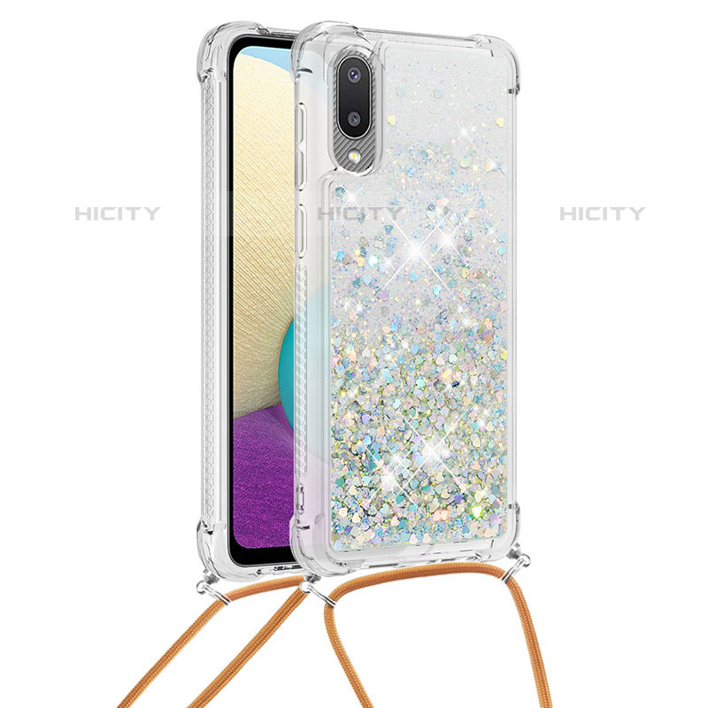 Custodia Silicone Cover Morbida Bling-Bling con Cinghia Cordino Mano S03 per Samsung Galaxy M02 Argento