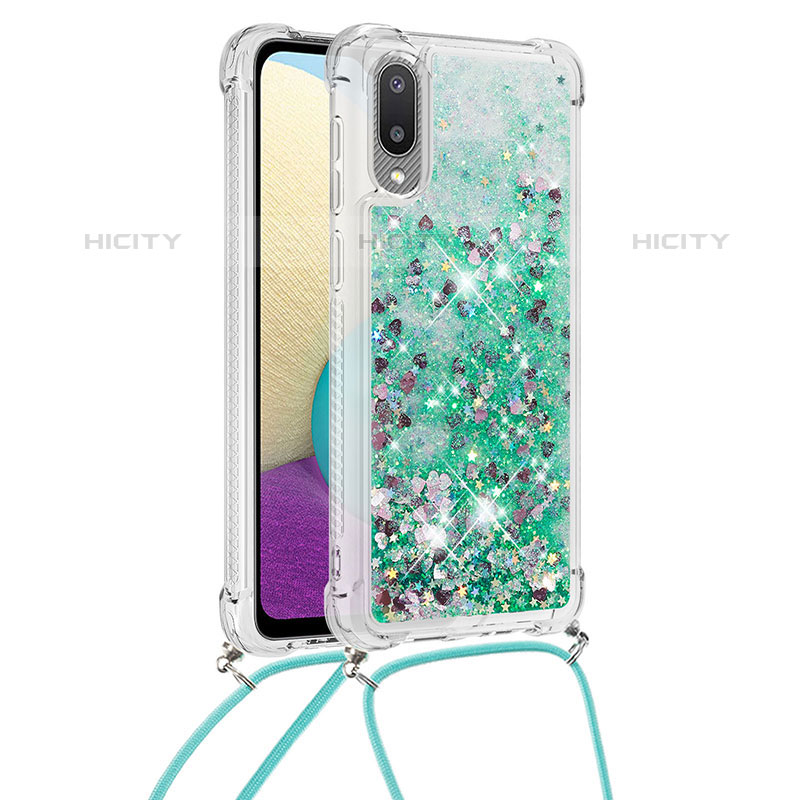 Custodia Silicone Cover Morbida Bling-Bling con Cinghia Cordino Mano S03 per Samsung Galaxy M02 Verde