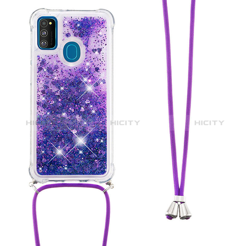 Custodia Silicone Cover Morbida Bling-Bling con Cinghia Cordino Mano S03 per Samsung Galaxy M21 Viola