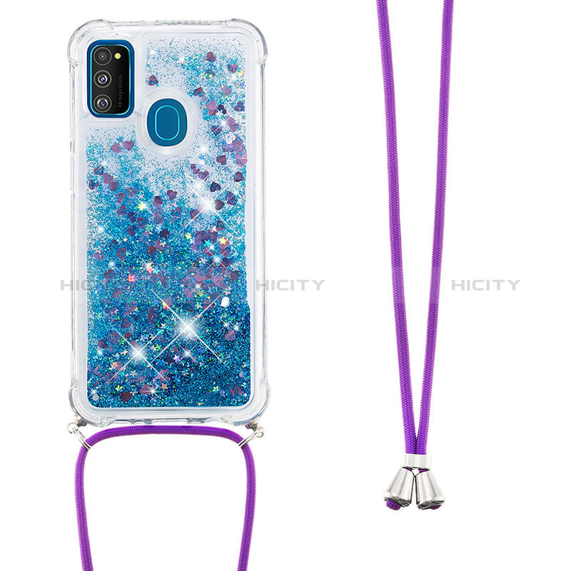 Custodia Silicone Cover Morbida Bling-Bling con Cinghia Cordino Mano S03 per Samsung Galaxy M30s Blu