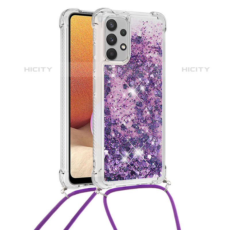 Custodia Silicone Cover Morbida Bling-Bling con Cinghia Cordino Mano S03 per Samsung Galaxy M32 5G Viola