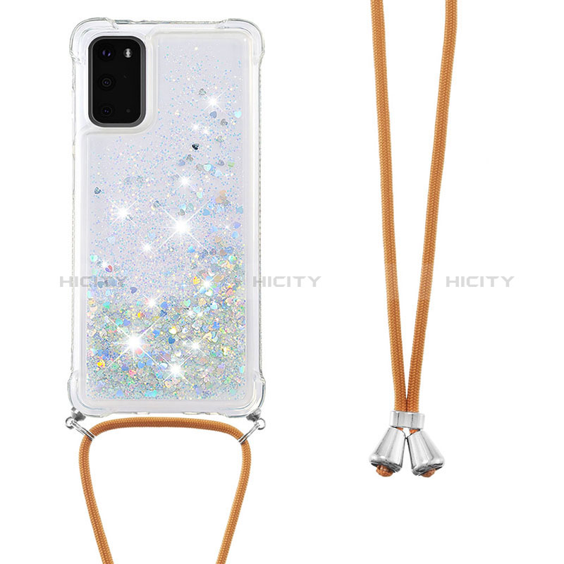 Custodia Silicone Cover Morbida Bling-Bling con Cinghia Cordino Mano S03 per Samsung Galaxy S20 5G Argento