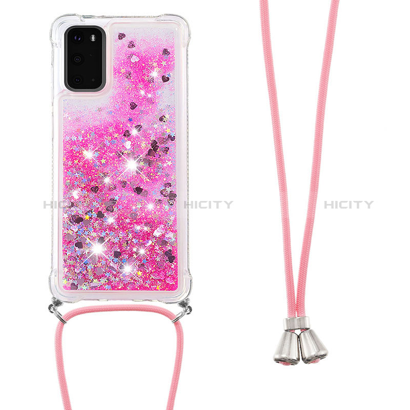 Custodia Silicone Cover Morbida Bling-Bling con Cinghia Cordino Mano S03 per Samsung Galaxy S20 Rosa Caldo