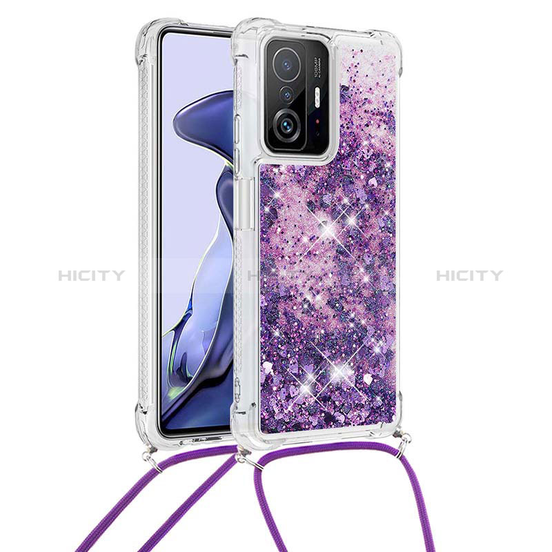 Custodia Silicone Cover Morbida Bling-Bling con Cinghia Cordino Mano S03 per Xiaomi Mi 11T Pro 5G Viola