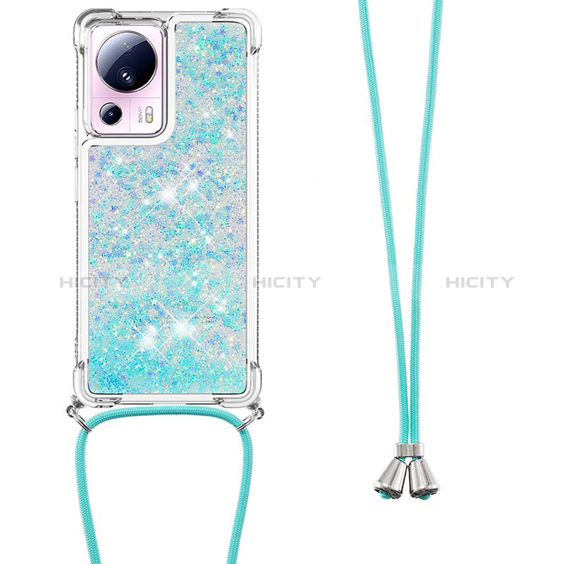 Custodia Silicone Cover Morbida Bling-Bling con Cinghia Cordino Mano S03 per Xiaomi Mi 12 Lite NE 5G Cielo Blu