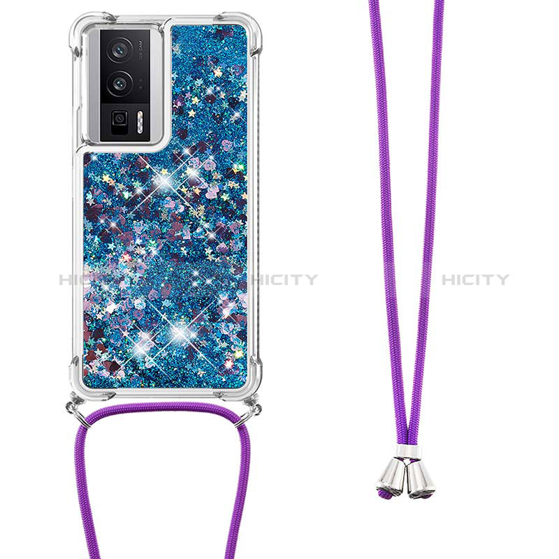 Custodia Silicone Cover Morbida Bling-Bling con Cinghia Cordino Mano S03 per Xiaomi Poco F5 Pro 5G Blu