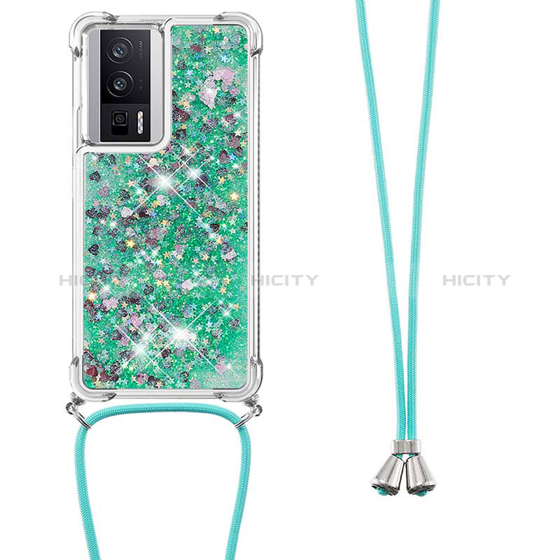 Custodia Silicone Cover Morbida Bling-Bling con Cinghia Cordino Mano S03 per Xiaomi Poco F5 Pro 5G Verde