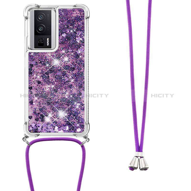 Custodia Silicone Cover Morbida Bling-Bling con Cinghia Cordino Mano S03 per Xiaomi Poco F5 Pro 5G Viola