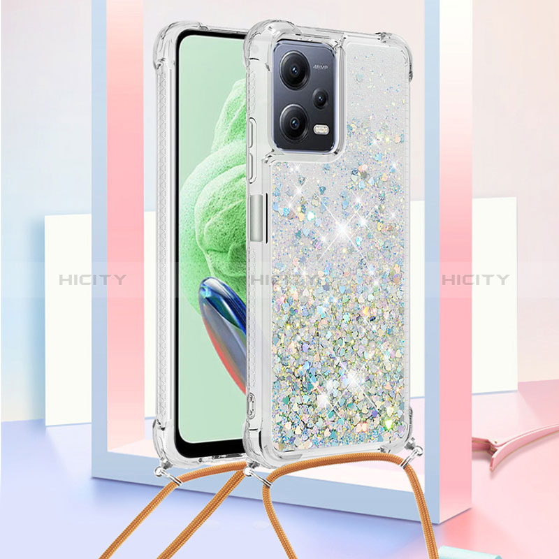 Custodia Silicone Cover Morbida Bling-Bling con Cinghia Cordino Mano S03 per Xiaomi Poco X5 5G Azzurro