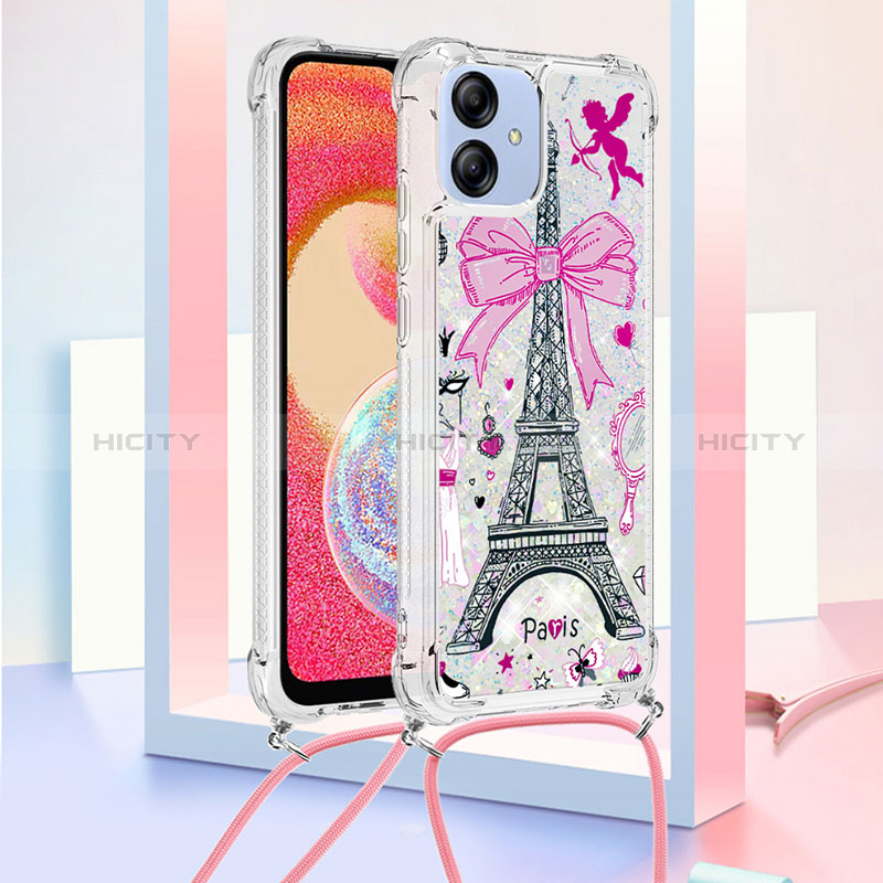 Custodia Silicone Cover Morbida Bling-Bling con Cinghia Cordino Mano YB2 per Samsung Galaxy A04 4G Oro Rosa