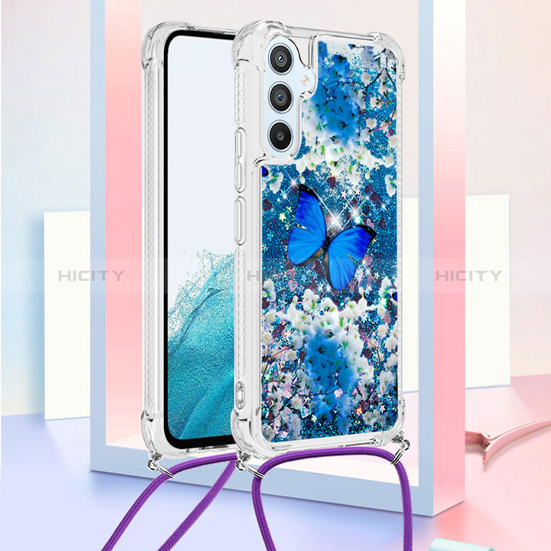 Custodia Silicone Cover Morbida Bling-Bling con Cinghia Cordino Mano YB2 per Samsung Galaxy A54 5G Blu