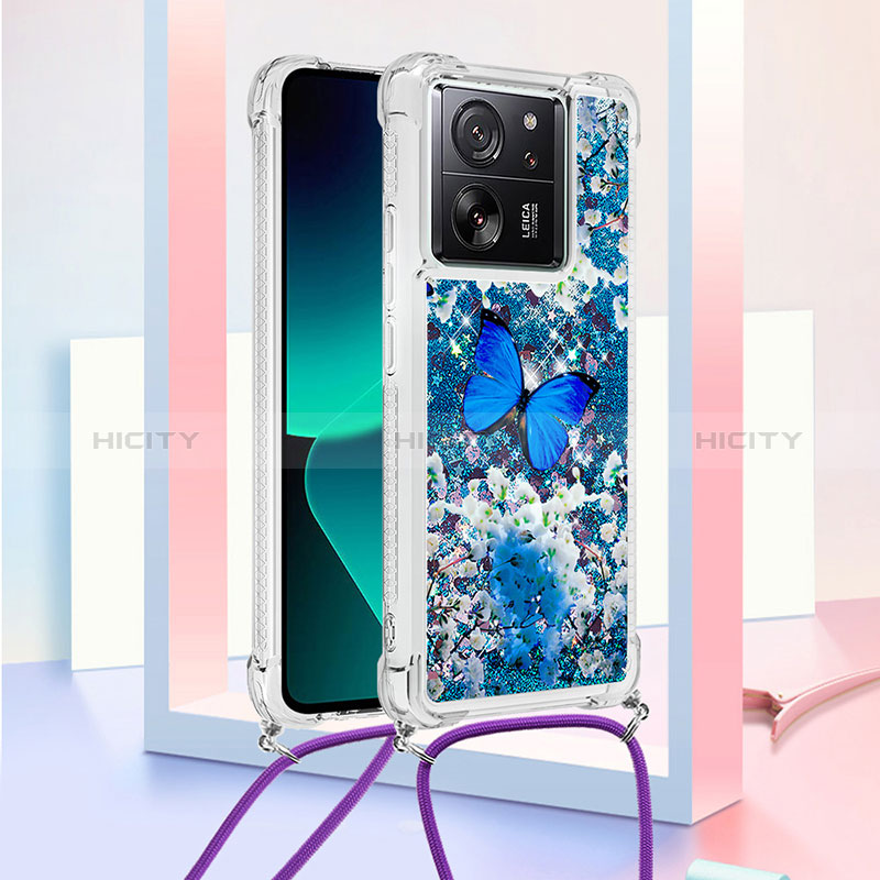 Custodia Silicone Cover Morbida Bling-Bling con Cinghia Cordino Mano YB3 per Xiaomi Mi 13T 5G Blu