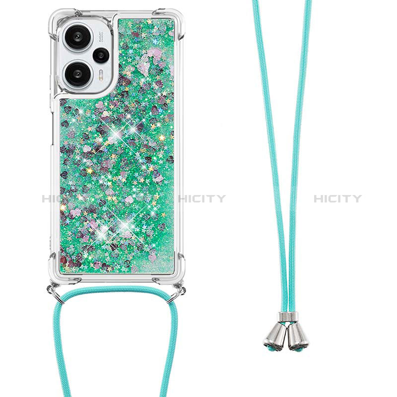 Custodia Silicone Cover Morbida Bling-Bling con Cinghia Cordino Mano YB3 per Xiaomi Poco F5 5G Verde