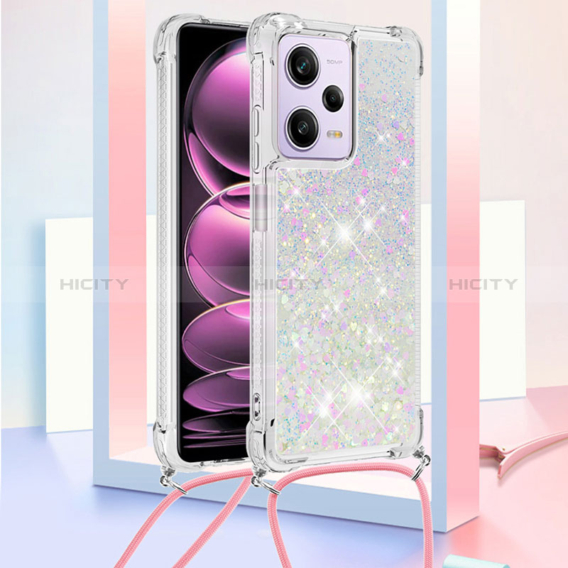 Custodia Silicone Cover Morbida Bling-Bling con Cinghia Cordino Mano YB3 per Xiaomi Redmi Note 12 Pro 5G Argento