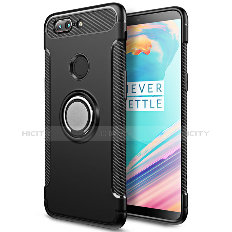 Custodia Silicone e Plastica Opaca con Anello Supporto per OnePlus 5T A5010 Nero