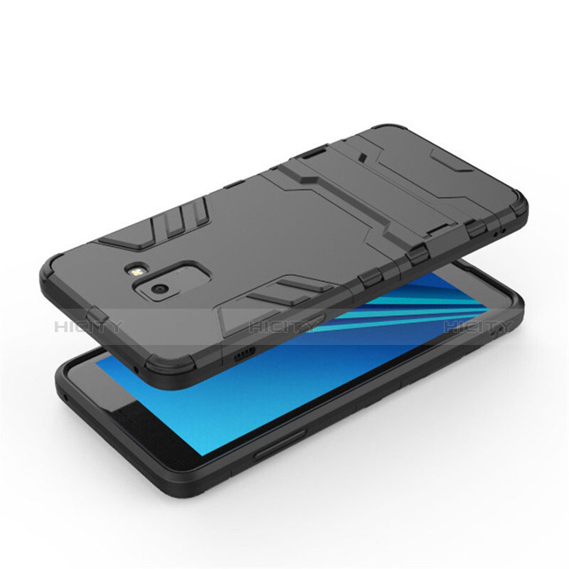 Custodia Silicone e Plastica Opaca con Supporto per Samsung Galaxy A8+ A8 Plus (2018) Duos A730F Nero