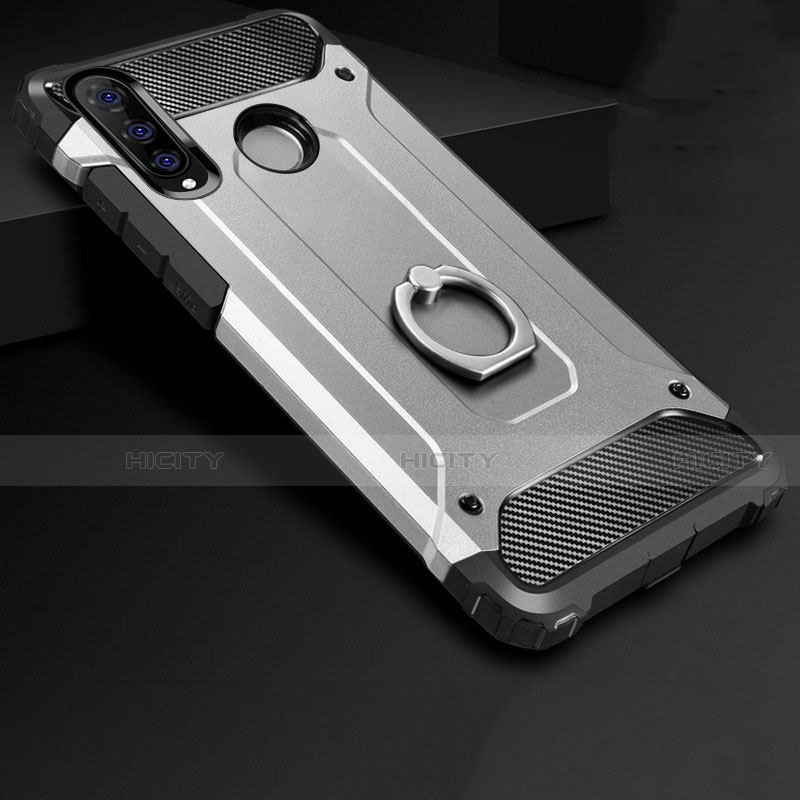 Custodia Silicone e Plastica Opaca Cover con Anello Supporto H01 per Huawei Nova 4e Argento