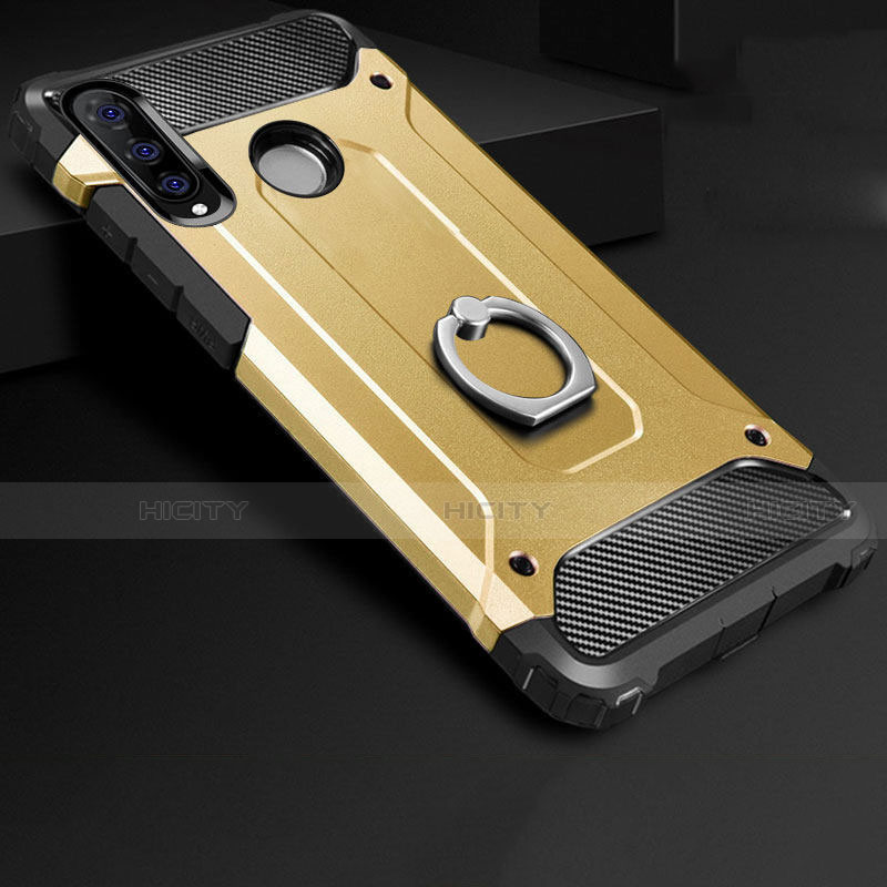 Custodia Silicone e Plastica Opaca Cover con Anello Supporto H01 per Huawei P30 Lite Oro