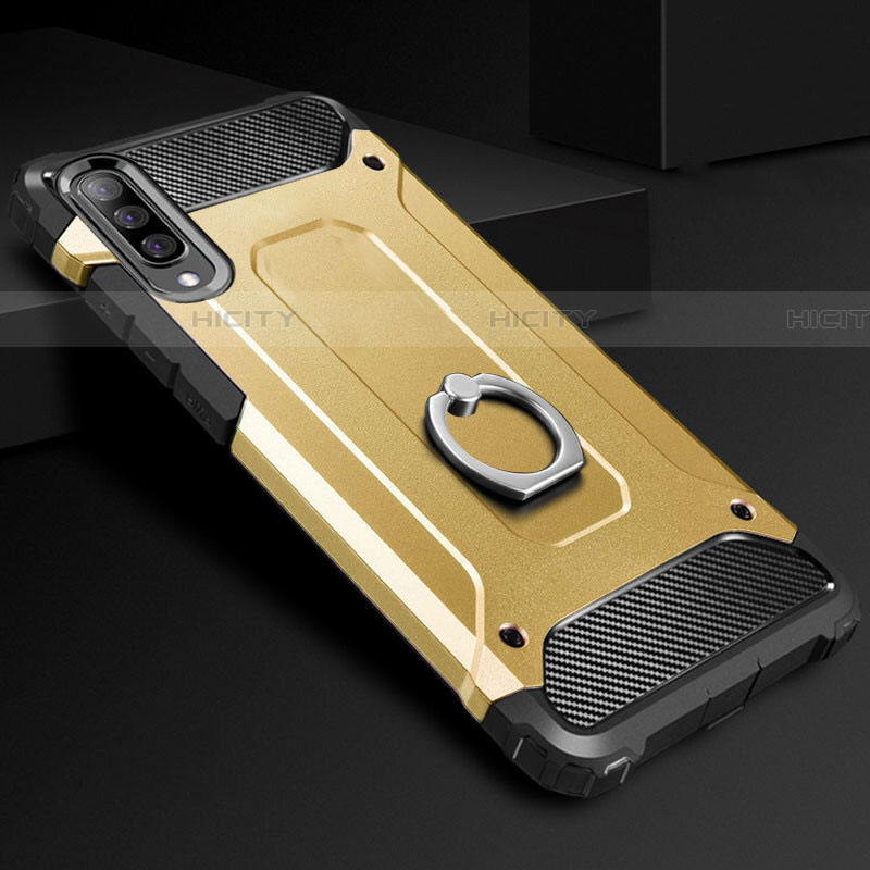 Custodia Silicone e Plastica Opaca Cover con Anello Supporto H01 per Samsung Galaxy A70S Oro