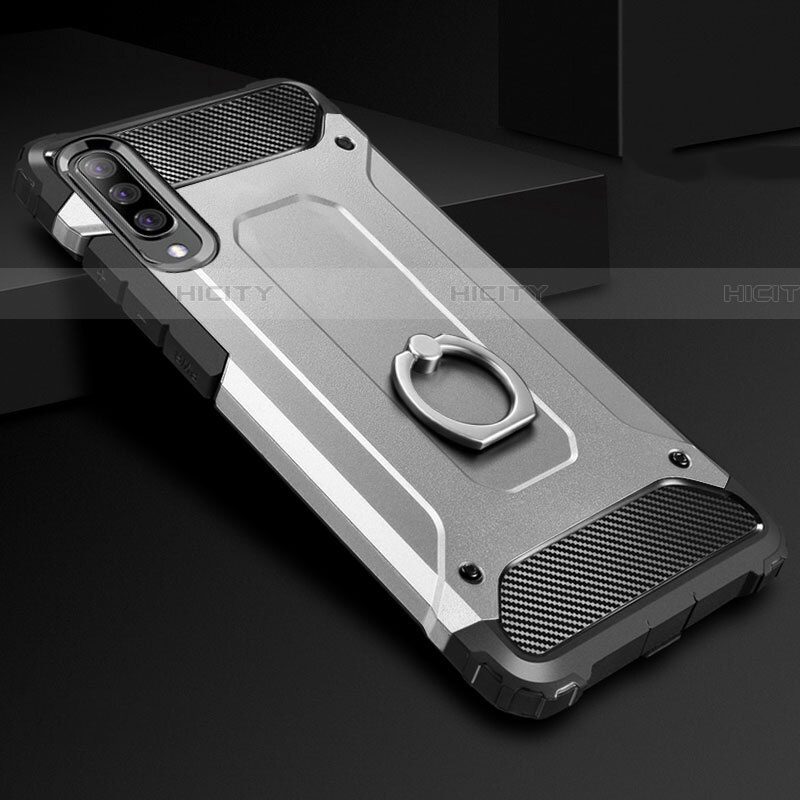Custodia Silicone e Plastica Opaca Cover con Anello Supporto H01 per Samsung Galaxy A90 5G Argento